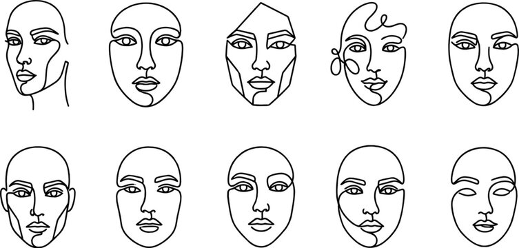 Continuous line drawing woman face set. Minimalist abstract female portrait and avatar vector ico