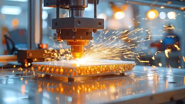 A laser cutter machine processes a metal part in a modern industrial factory