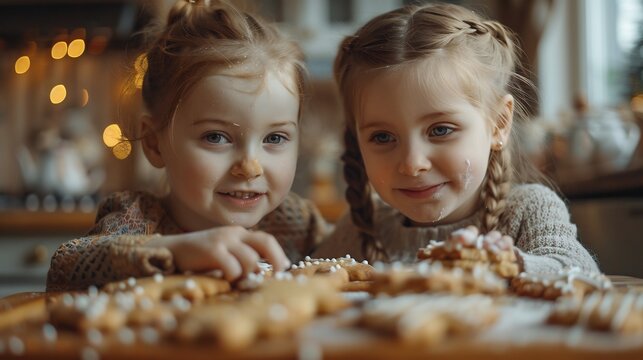 Deux fillettes pr&eacute;parent de d&eacute;licieux biscuits pour la f&ecirc;te des p&egrave;res, visages barbouill&eacute;s de farine et sourires complices dans une cuisine chaleureuse.