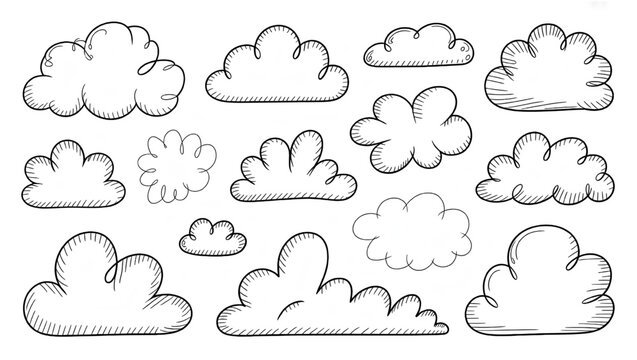 Collection of various handdrawn cloud shapes in simple line art style