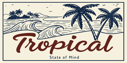Tropical beach scene with palm trees and waves vintage vector illustration © Juran