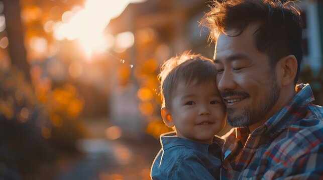 P&egrave;re asiatique souriant tenant son jeune fils dans ses bras lors d'un coucher de soleil chaleureux, concept de f&ecirc;te des p&egrave;res, amour familial et complicit&eacute; parentale.