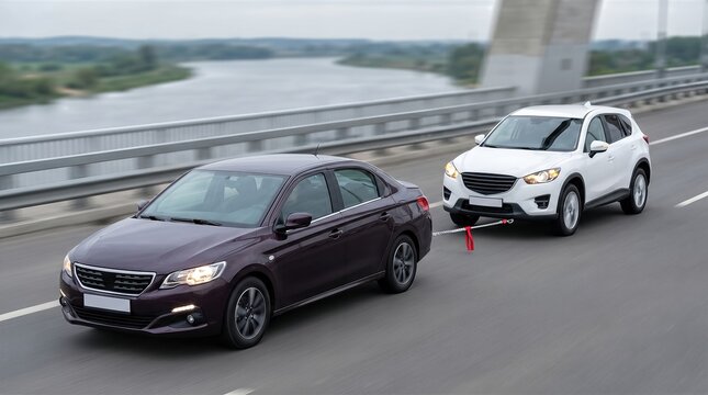 Towing a car with a flexible hitch on a highway, showcasing a purple sedan pulling a white SUV with a visible tow strap and a scenic river in the background