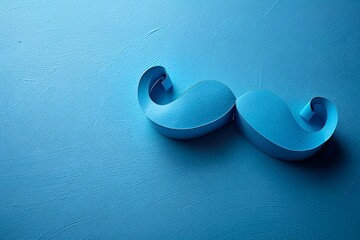 Moustache en papier bleu bouclé sur fond bleu texturé, concept créatif pour la fête des pères ou Movember, design minimaliste et élégant avec espace de texte.