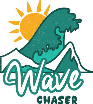 Ocean Wave Emblem: A stylized illustration depicts a dynamic ocean wave crashing under a bright sun, set against a mountain backdrop with the words Wave Chaser emblazoned below.