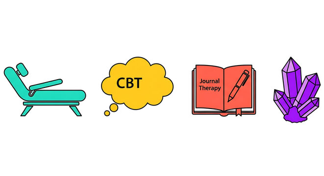 A vector graphic illustration of cognitive behavioral therapy concepts including a therapy chair, CBT thought process, journal therapy, and healing crystals.