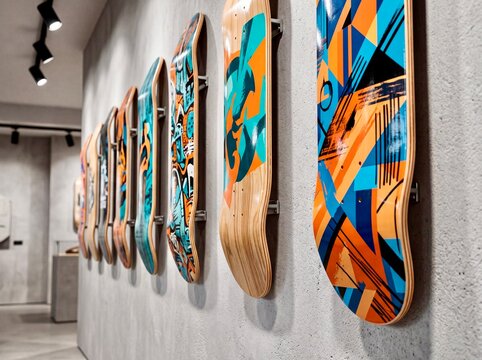 Skateboards are displayed on a wall in an art gallery during the afternoon showing creative designs and colors