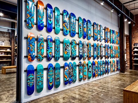 Colorful skateboard deck designs displayed on a wall in a trendy retail shop in a vibrant urban area