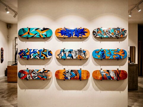 Colorful skateboard deck designs displayed on a wall in an art space during a gallery exhibit showcasing street art