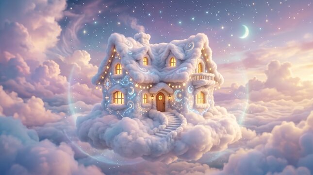 Whimsical cloud house floating in a dreamy sunset sky with stars and glowing celestial patterns