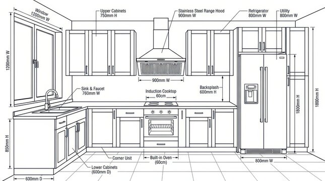 Kitchen layout plan with dimensions modern design stainless steel appliances and detailed measurements