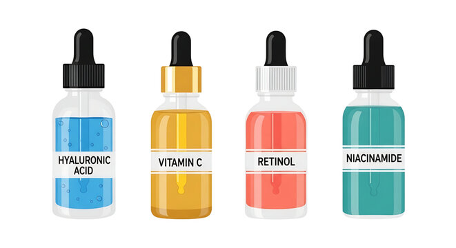 A vector graphic illustration of four skincare serum bottles with dropper lids, labeled with popular skincare ingredients.