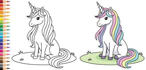 Unicorn sitting on a green grass patch with a long wavy mane for a magical children coloring page © Vexello