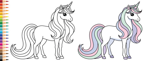 Unicorn with a long flowing mane and tail standing in a profile view for a magical kids coloring page © Vexello