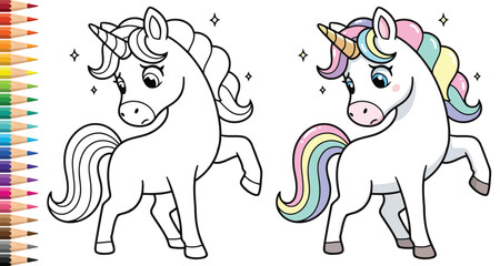 Unicorn featuring a majestic rainbow mane and tail with stars for a magical and cute kids coloring page © Vexello