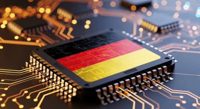 Digital microchip with german flag on circuit board symbolizing advanced technology and engineering.