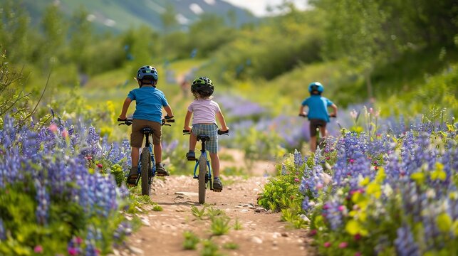 Trois enfants &agrave; v&eacute;lo sur un sentier fleuri de montagne, symbolisant l'aventure en famille, les sorties nature et les souvenirs d'enfance pour la f&ecirc;te des p&egrave;res.