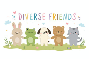 Obraz premium Title: Diverse Friends Cute Animal Cartoon Illustration with Kawaii Characters and Positive Typography