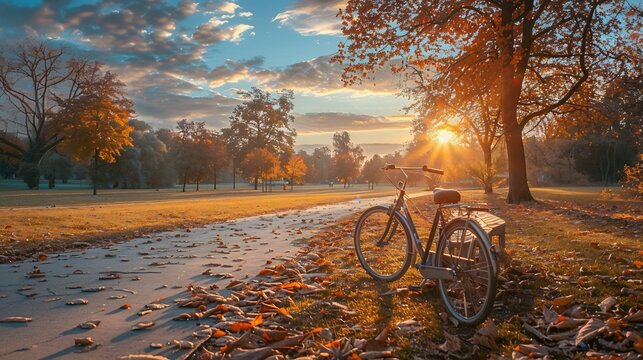 V&eacute;lo classique gar&eacute; dans un parc en automne au coucher de soleil dor&eacute;, feuilles mortes, atmosph&egrave;re paisible et nostalgique id&eacute;ale pour carte de f&ecirc;te des p&egrave;res.