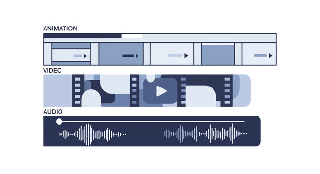 Abstract Video Editing Software Interface with Animation Video and Audio Timeline Tracks for Multimedia Content Creation and Post-Production Illustration