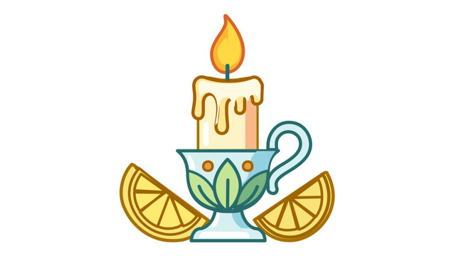 Vector icon illustration of a cozy lit candle in a decorative holder with lemon slices. Features editable stroke, adjustable stroke weight, customizable line weight, thin line, and stroke.