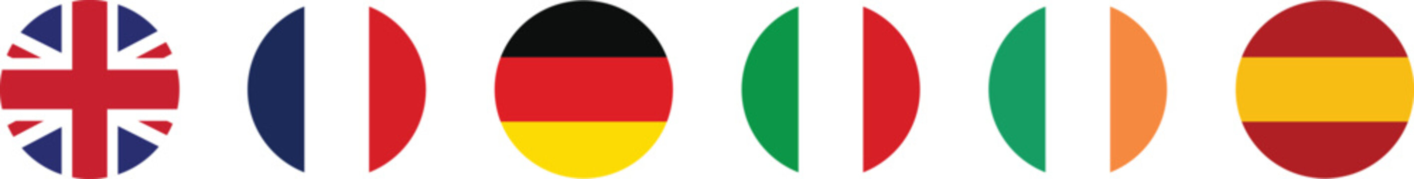 European flags in standard colors. Circle button icon flag set. United Kingdom, France, Germany, Italy, Spain, Ireland