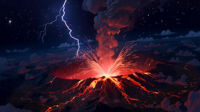 Volcano Erupting with Lava Flowing and Lightning Striking in Night Sky