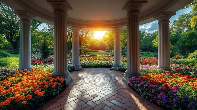 Sunlight illuminating a colorful garden path with colonnade