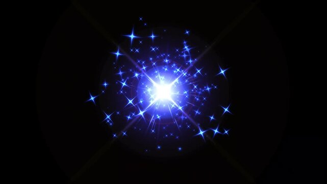 2D Twinkling cartoon stars magic glittering burst, Flying sparks burst,  white lights glitter particle explosion, glowing glitter dust shimmer in a magical looping burst effects on black screen. 4k