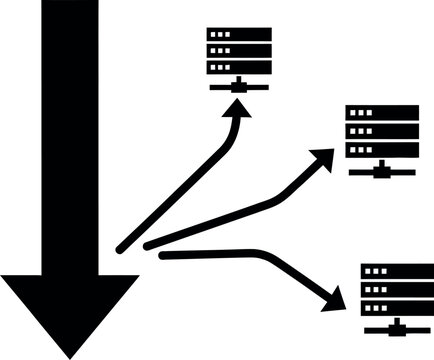 Data flow illustration representing distribution, splitting, and branching from a central point to multiple server nodes for network analysis, digital transfer, or cloud computing concepts.