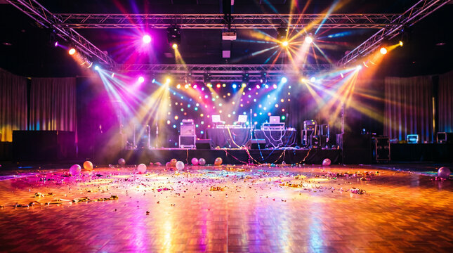 Strobe lights shining on dance floor at prom night celebration  
