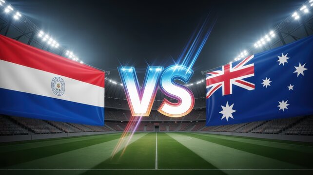 Paraguay versus australia soccer match stadium background with flags and bright spotlights.