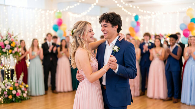 Teenagers slow dancing at prom with joyful expressions in decorated venue  