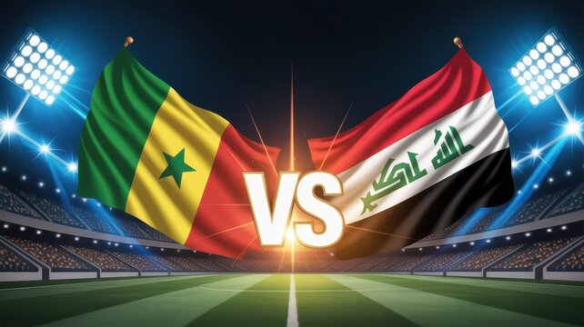 Senegal and Iraq flags facing each other with bright lens flare versus text in major league stadium.