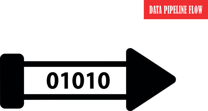 Abstract digital data pipeline flow illustration graphic with binary code 01010 inside a directional arrow element, representing data processing, transfer, and information technology concepts in a cle