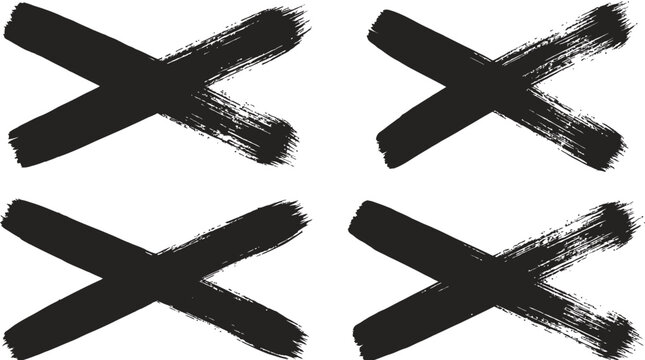 Four Black Brush Stroke Cross Marks on White Background