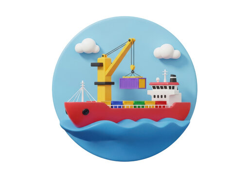 3d illustration of a cargo ship with a crane loading containers isolated on transparent background