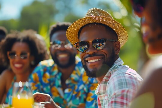 P&egrave;re de famille souriant portant un chapeau de paille et des lunettes de soleil, entour&eacute; de ses proches lors d'un repas de f&ecirc;te des p&egrave;res en plein air et ensoleill&eacute;.