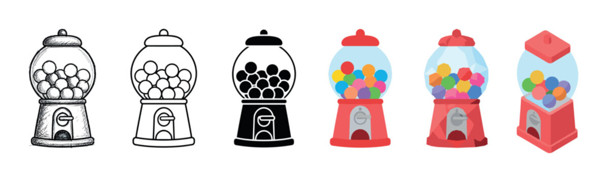 Gumball machine candy dispenser icons in various styles including sketch, outline, solid, flat, and isometric vector illustration