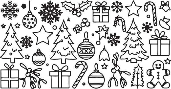 Collection of hand drawn christmas icons and winter festive elements with christmas collection celebration snowflake gingerbread mistletoe decoration seasonal celebrate assortment