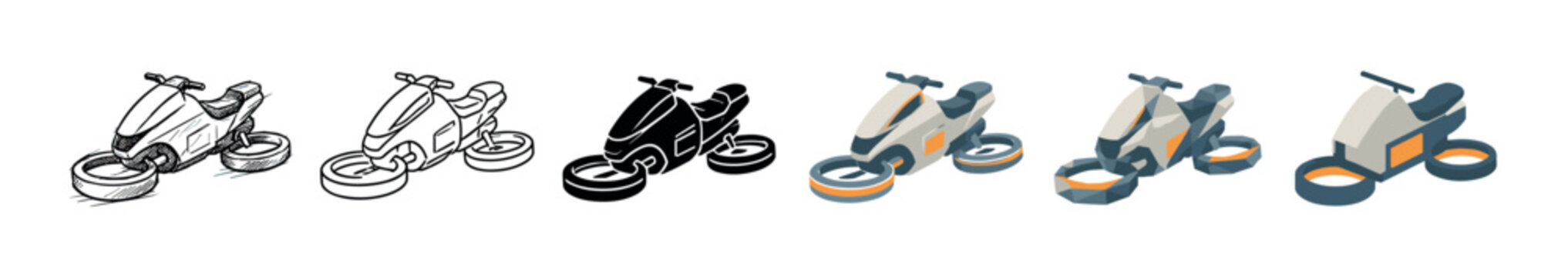 Flying motorcycle hoverbike icons set in various styles including sketch, outline, solid, isometric, low poly, and flat design