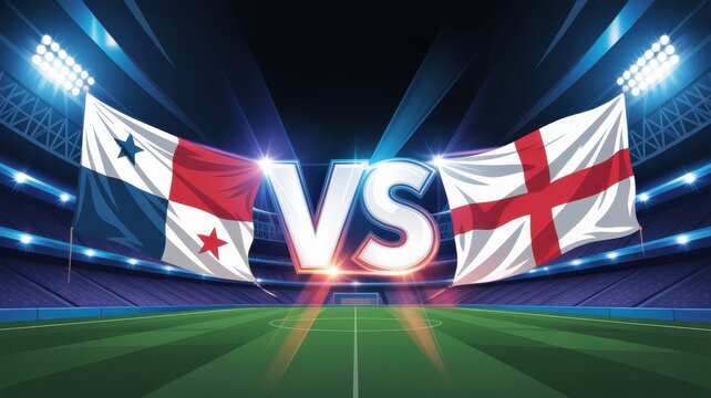 Panama vs England football match background with waving national flags in illuminated night stadium.