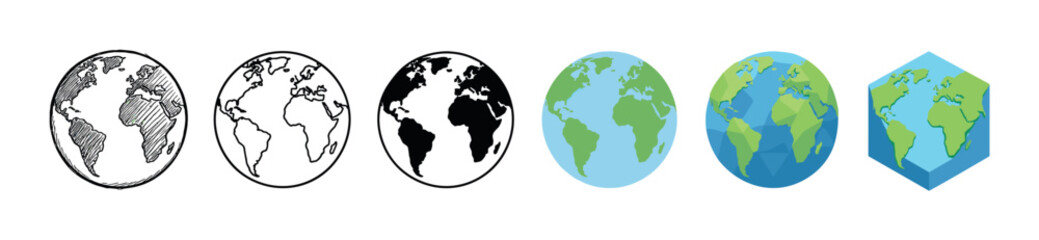 Fototapeta premium Earth globe world map icons in various styles including doodle, outline, solid, flat, polygonal, and isometric vector illustration