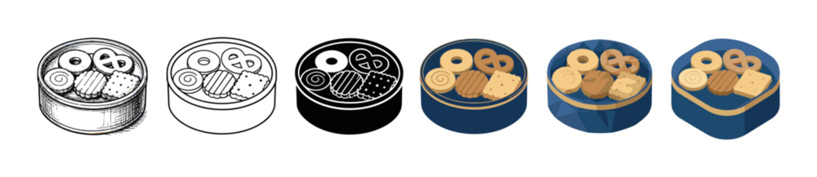 Cookies pretzels biscuits crackers snack food tin box icon set in various styles vector illustration