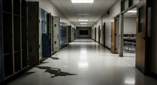 Abandoned School Corridor with Open Lockers and Cracked Floor