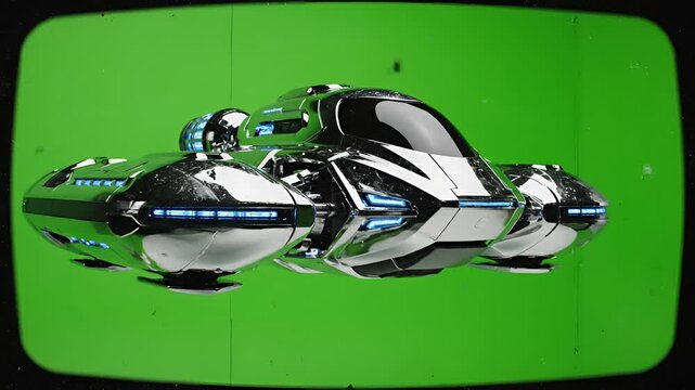 Futuristic Chrome Spaceship Hovering on Green Screen Background.
