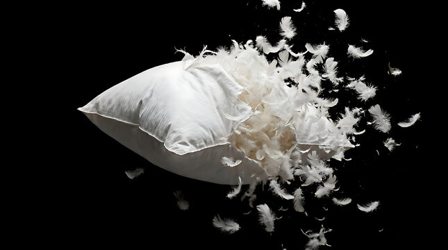 Soft white pillow exploding, a delicate cloud of feathers scattering across a dark backdrop, capturing the essence of comfort, weightlessness, and peaceful dreams