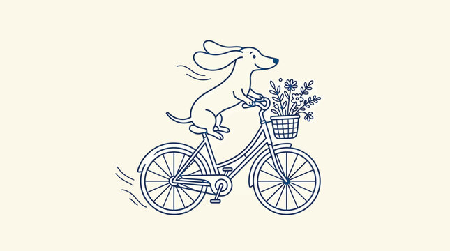 Cute dachshund dog riding a bicycle with a basket of flowers, handdrawn vector illustration of a happy puppy cycling on a bike