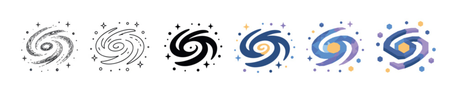 Spiral galaxy space cosmos icons in various styles including hand drawn, outline, solid, flat, low poly, and isometric vector illustration