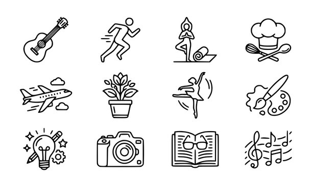 Rounded hobby outline icon set with sports cooking music and travel pictograms